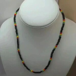 Handmade Rasta-Theme black red green yellow Glass Bead Necklace Magnetic Clasp